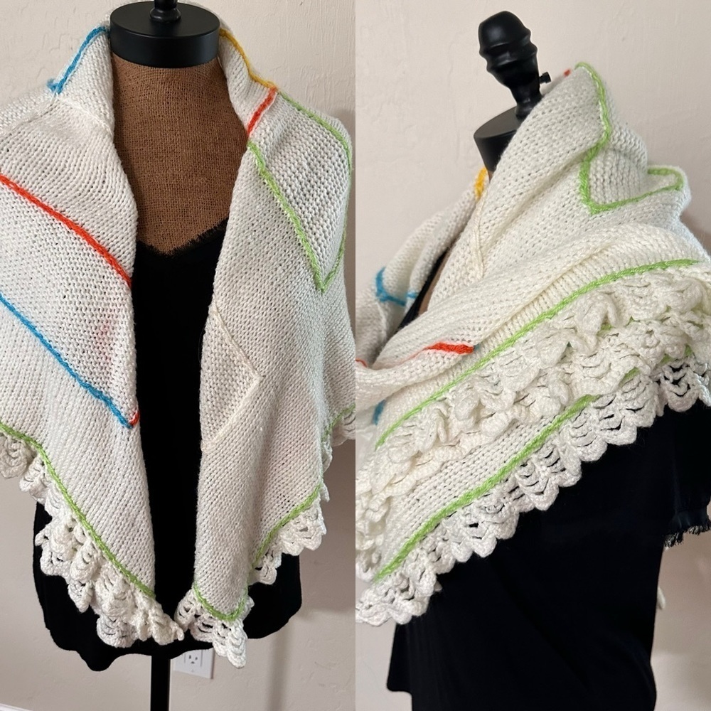 Handknit geometric rainbow trim ruffle edges cream acrylic shawl scarf wrap​​​​​